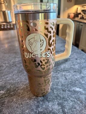 Buc-ee's Leopard Print Travel Mug - Pink & Gold EUC